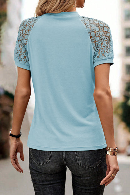 Navy Blue Seamed Detail Contrast Lace Raglan Sleeve Tee