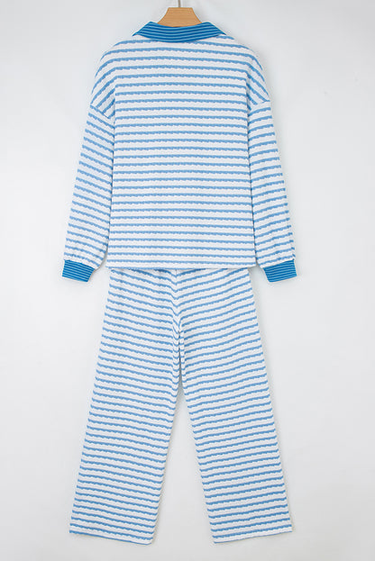 White Stripe Collared Pullover Top and Drawstring Pant Set