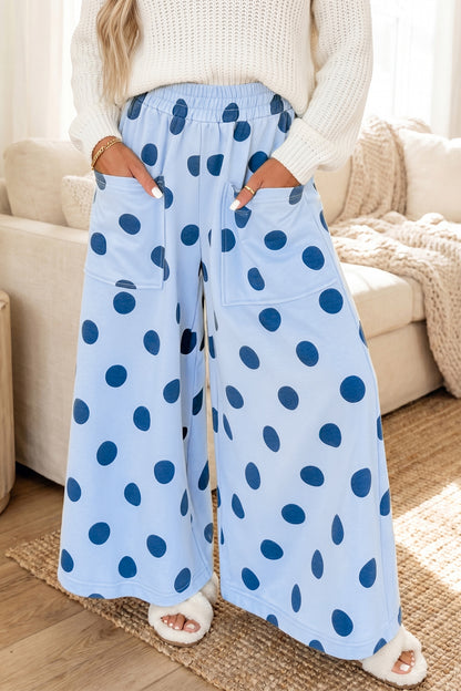 Beige Polka Dot Wide Leg Elastic Waist Casual Pants