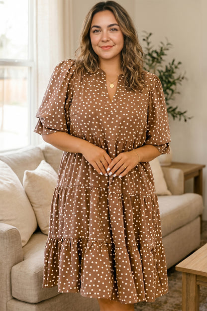 Brown V Neck Polka Dot Long Sleeve Shift Plus Size Dress